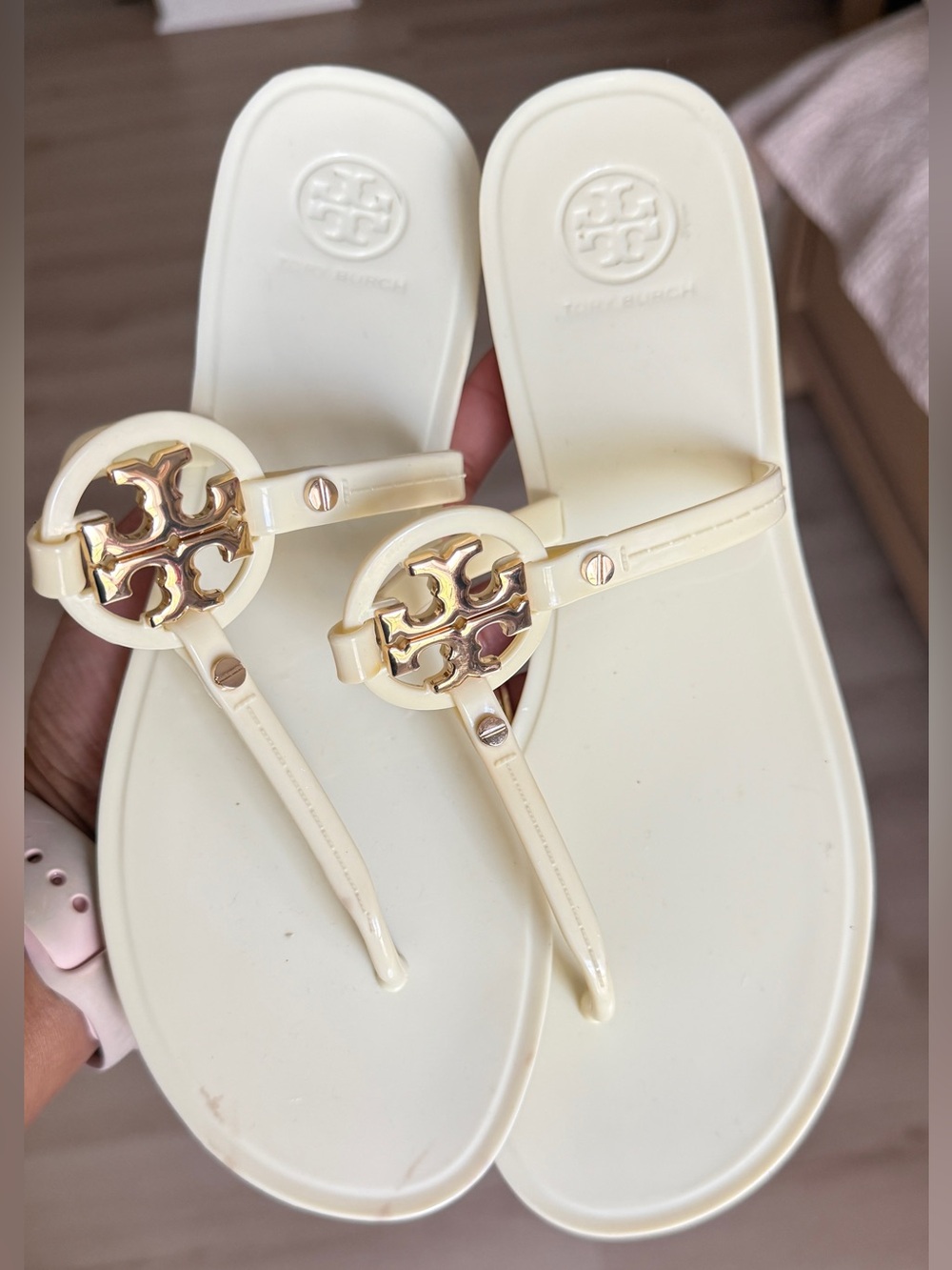 Tory Burch Cream Jelly Logo Thong Sandals with Gold Emblem